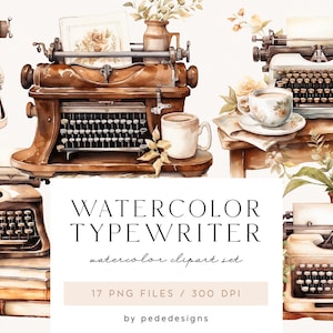 Machine à écrire aquarelle, clipart machine à écrire rétro, vintage floral minable, clipart de bureau aquarelle, éléments du logo, clipart confortable, téléchargement