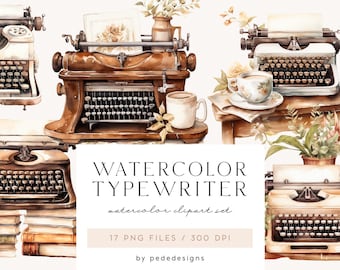 Watercolor Typewriter Clipart: Vintage Floral PNG Images (Digital Download)