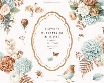Watercolor Floral Clipart with Blue Hydrangea Flowers, Vintage Flower Arrangements, Birds & Butterflies Clipart (Digital Download)