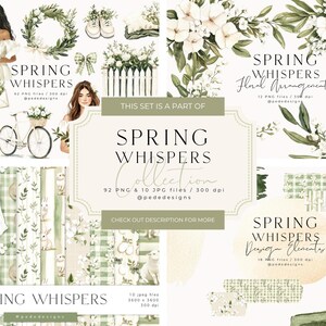 May include: A digital illustration set featuring watercolour spring floral elements, including wreaths, floral arrangements, patterns, and design elements. The set includes 92 PNG and 10 JPG files at 300 dpi. The text "Spring Whispers Collection" is featured in the centre of the image.