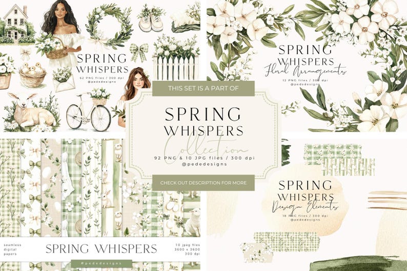 May include: A digital illustration set featuring watercolour spring floral elements, including wreaths, floral arrangements, patterns, and design elements. The set includes 92 PNG and 10 JPG files at 300 dpi. The text "Spring Whispers Collection" is featured in the centre of the image.
