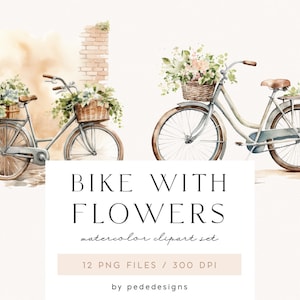 花付き自転車、水彩画のクリップアート、水彩画の春、結婚式のクリップアート、花柄の自転車、プランナーステッカー、ジャーナル、招待状、ダウンロード