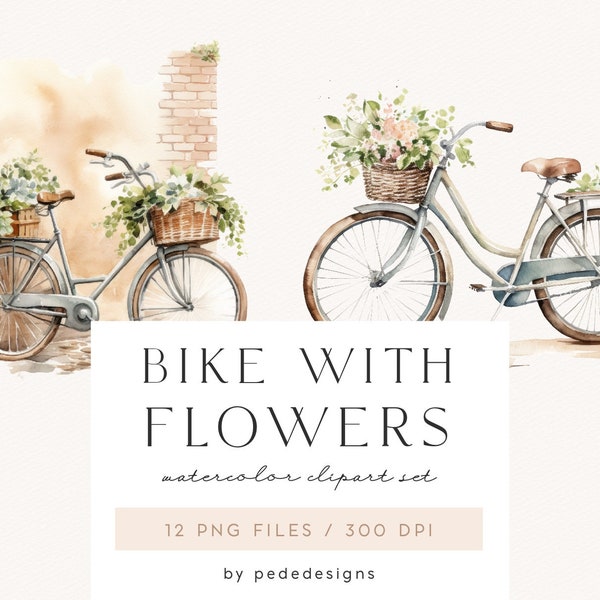 Bike with Flowers, watercolor clipart, watercolor spring, wedding clipart, floral bicycle, planner stickers, journal, invitation, download