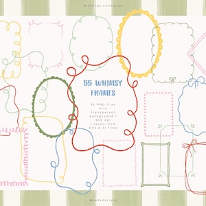 May include: A collection of 55 hand-drawn digital frames in various shapes, colors, and line styles. The text reads 55 WHIMSY FRAMES, 55 PNG files with transparent background / 300 dpi + vector SVG, EPS & AI files, drawings collection, and pededesigns.