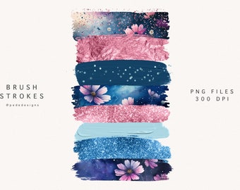 Brush strokes clipart, galaxy, floral, pink rose foil, blue glitter, confetti, paint strokes, paint elements, washi tapes, download
