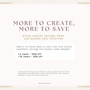 The image is a promotional image for a company that offers extended commercial licenses. It features a white background with text and a decorative border. The text encourages customers to bundle their favorite items and enjoy special savings when they add 5+ or more items to their cart and unlock automatic savings. The offer includes a 5% discount for 5 items and a 60% discount for 10 items. The text also mentions that extended commercial licenses are also available for this offer.