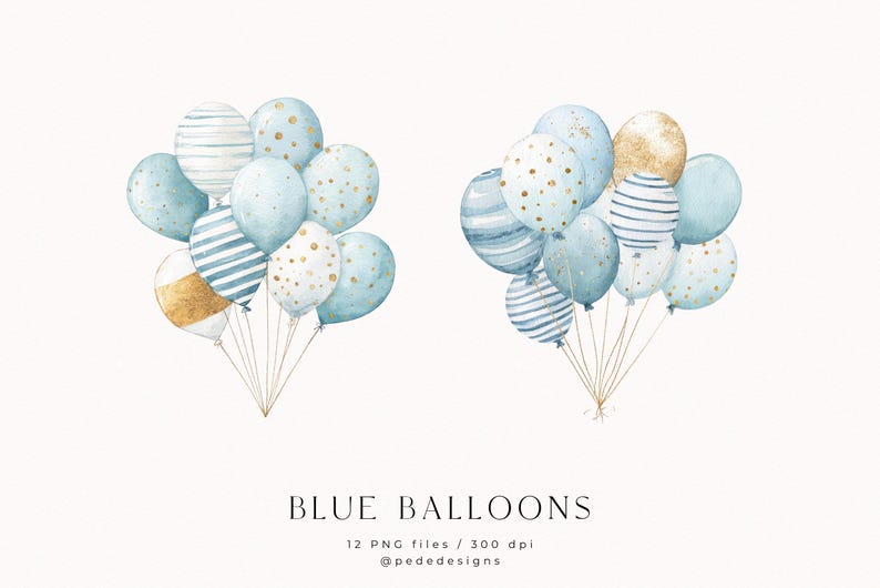 Blue Balloons Watercolor Clipart Set: Boy Birthday, Baby Shower (PNG ...