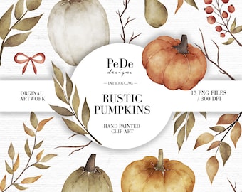 Watercolor rustic pumpkins clip art, autumn cliparts, fall leaves, planner stickers, thanksgiving clipart, download