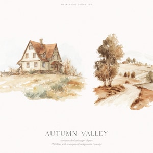 以下が含まれることがあります： AUTUMN VALLEYと題された水彩画のイラストセット。柵のある丘の上の家と、木々や曲がりくねった小道が描かれた別の風景画が含まれています。茶色と黄褐色の色調で、白い背景に田舎の風景が表現されています。