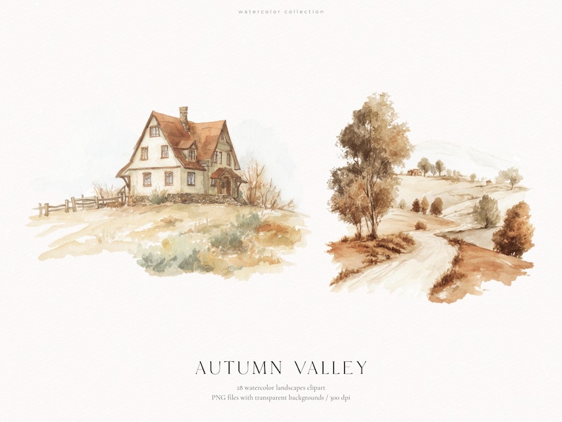 以下が含まれることがあります： AUTUMN VALLEYと題された水彩画のイラストセット。柵のある丘の上の家と、木々や曲がりくねった小道が描かれた別の風景画が含まれています。茶色と黄褐色の色調で、白い背景に田舎の風景が表現されています。