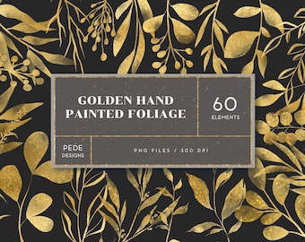 Gold watercolor foliage, gold clip art, glitter leaves, golden leaves, design elements, botanical png, gold branches, sparkly, download