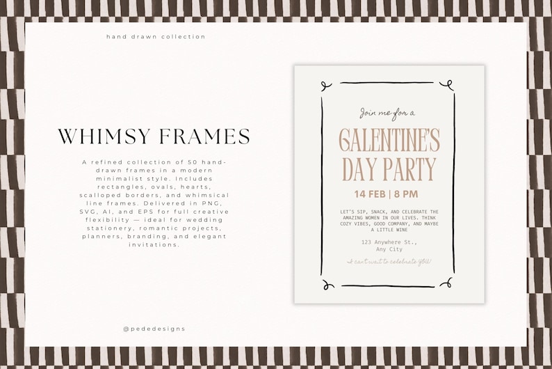 May include: A digital art print featuring a Galentine's Day party invitation and text that reads "Whimsy Frames". The invitation is in a minimalist style with a black border and decorative elements.