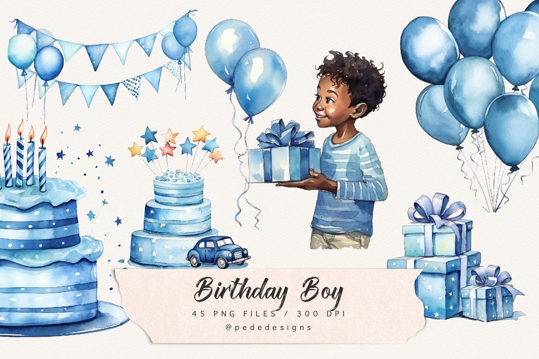 Watercolor Blue Birthday Clip Art, Birthday Boy Clipart, Party