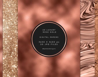 May include: A collection of twenty rose gold digital papers featuring various textures including glitter, smooth metallic foil, marbled swirls, and crumpled foil. A central black circle displays the text 20 LUXURY ROSE GOLD DIGITAL PAPERS 3600 X 3600 px 20 JPG FILES @pededesigns.