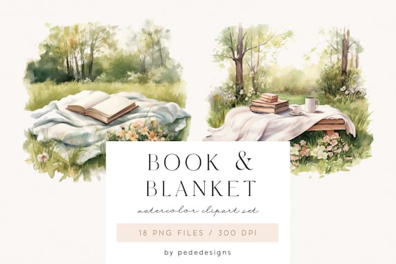 Book & Blanket, watercolor reading clipart, spring clipart, book lover, cozy png, free time, watercolor summer park, cozy graphics, download