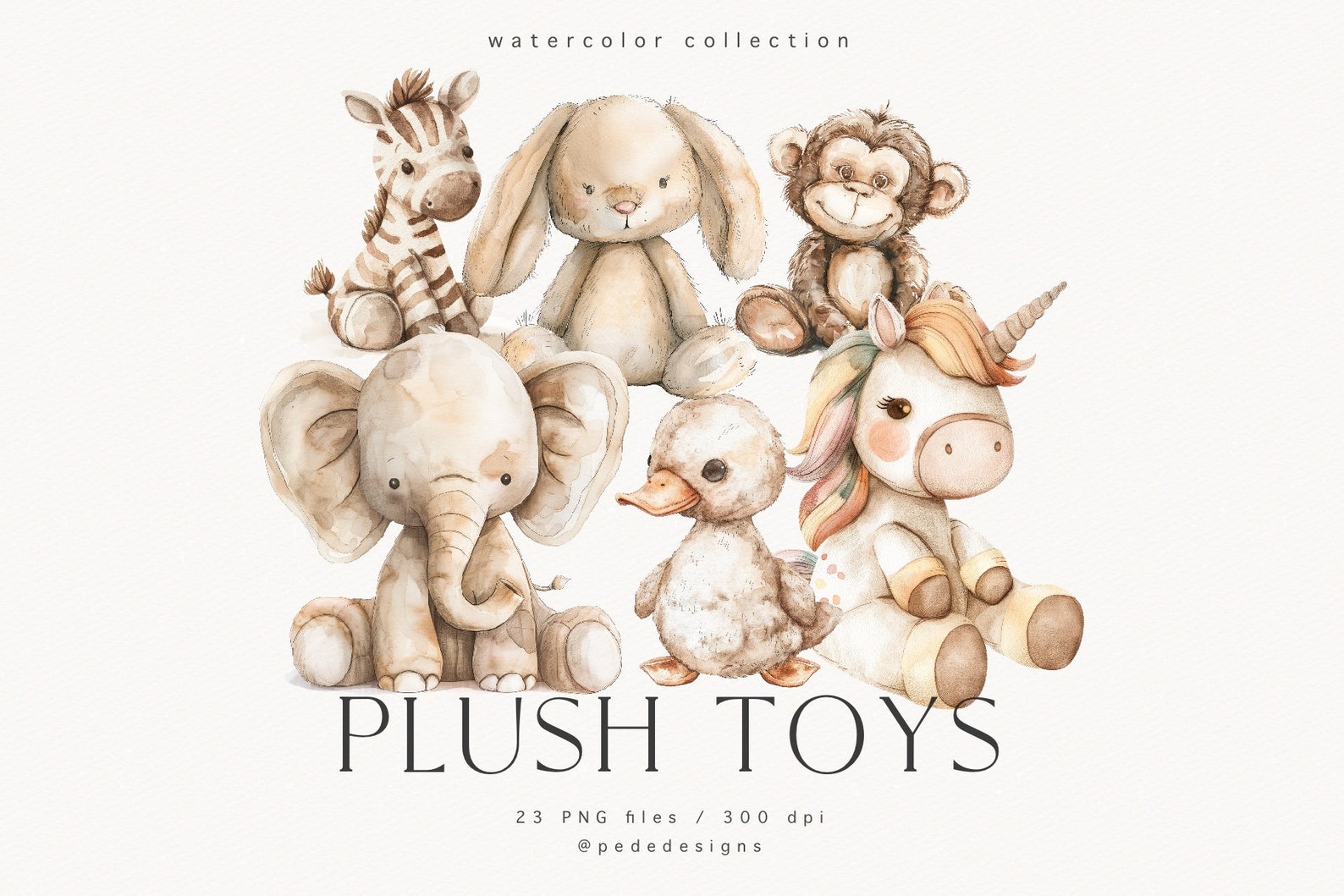 Watercolor Plush Animal Clipart Set: Nursery PNG Graphics (digital ...