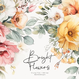 Fleurs lumineuses, fleurs roses aquarelles, clipart floral jaune, clipart bouquet, compositions florales préfabriquées, cadre floral, téléchargement