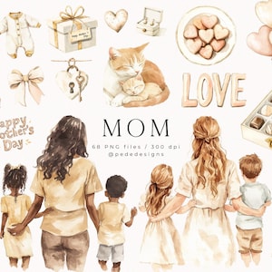 Mama, Aquarell Clipart, Muttertag Clipart, beige png Bilder, Mama Aufkleber, herzerwärmender Muttertag, Mutter und Kinder, schwanger, Download
