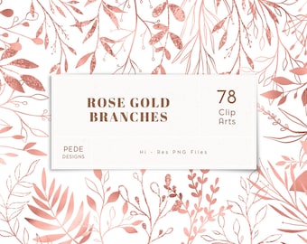 Rose gold branches, rose gold clip art, glitter leaves, rose gold foil, design elements, botanical png, rose gold leaves, download