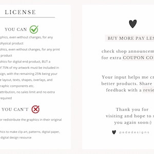 May include: A white background with text detailing the license terms for using graphics. The text includes what is allowed and not allowed, along with a section about coupon codes and feedback.