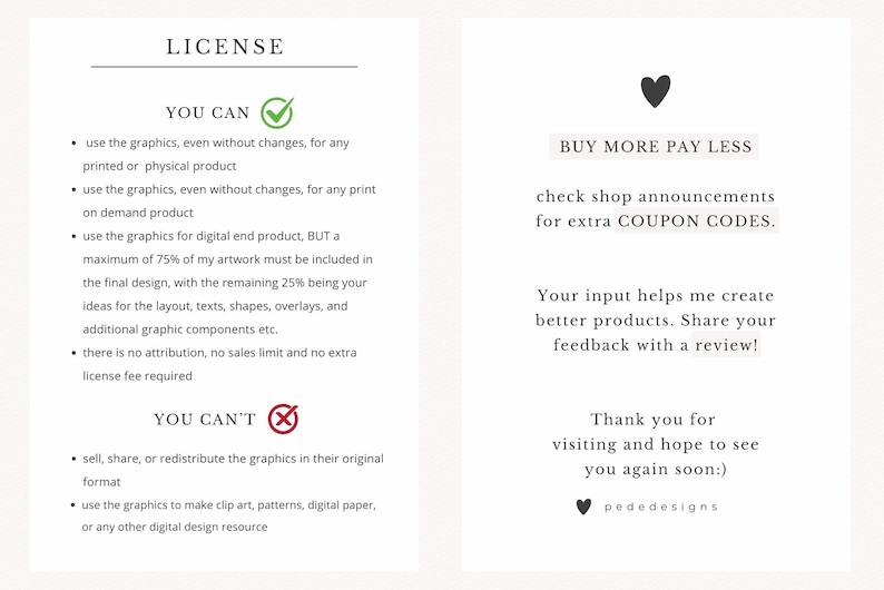 May include: A white background with text detailing the license terms for using graphics. The text includes what is allowed and not allowed, along with a section about coupon codes and feedback.