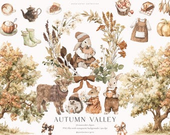 Autumn Farm Watercolor Clipart Bundle with Cozy Fall Farm Animals, Pumpkin Harvest PNG, Thanksgiving Graphics (Digital Download)