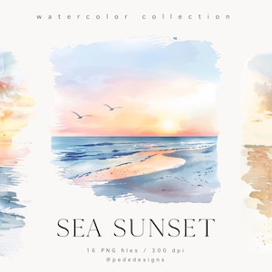 Illustrazione del tramonto sul mare, clipart vista acquerello, grafica di viaggio, clipart estiva, oceano, spiaggia estiva png, clipart tramonto, download