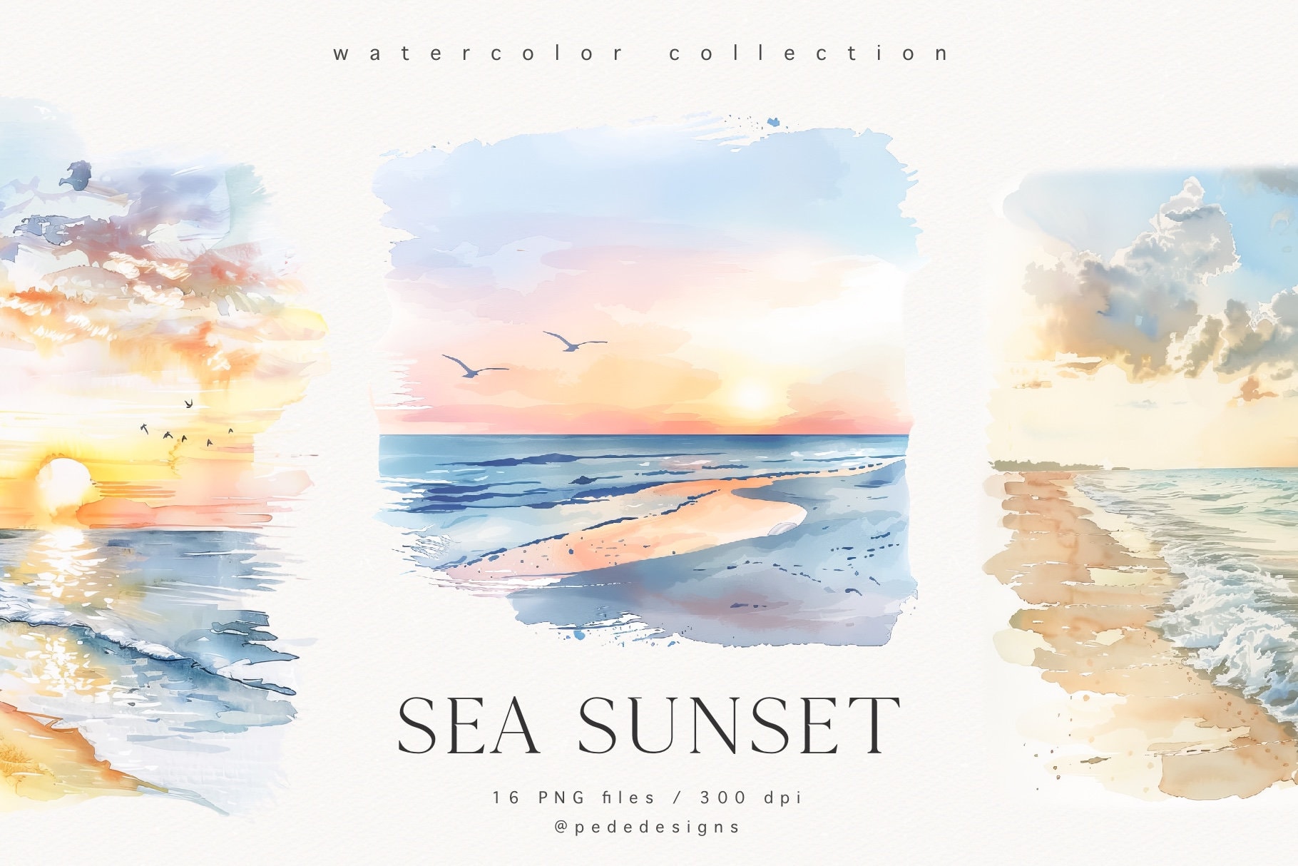 Sea Sunset Illustration, watercolor view clipart, travel graphics, summer clipart, ocean, summer beach png, sunset clipart, download