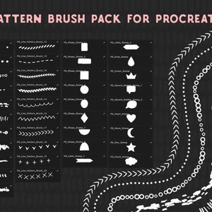 Może przedstawiać: Zestaw 20 białych wzor&oacute;w pędzli Procreate do sztuki cyfrowej. Wzory obejmują linie, kropki, kształty i stemple. Pędzle są wyświetlane na czarnym tle.