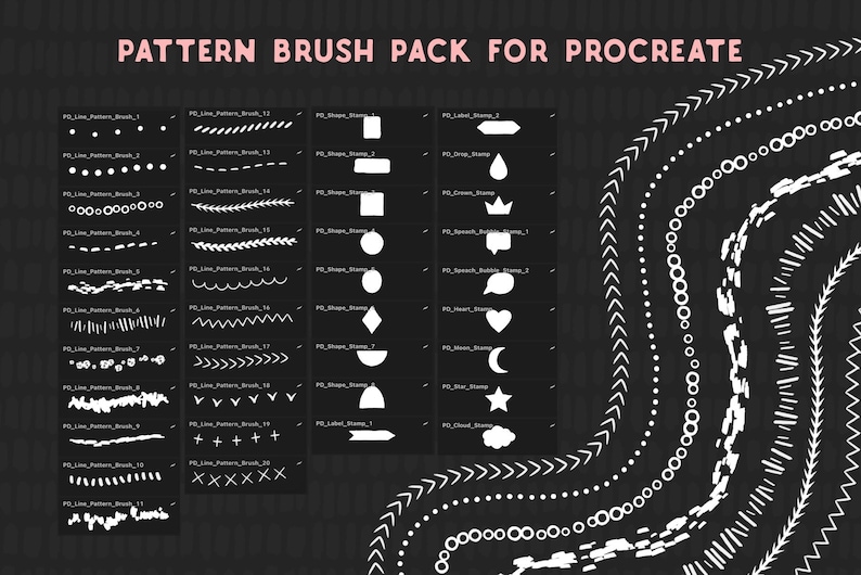 Może przedstawiać: Zestaw 20 białych wzor&oacute;w pędzli Procreate do sztuki cyfrowej. Wzory obejmują linie, kropki, kształty i stemple. Pędzle są wyświetlane na czarnym tle.
