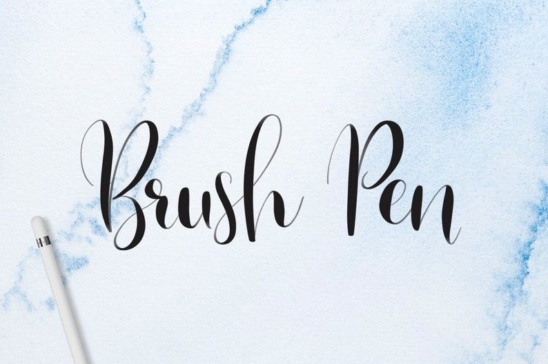 May include: Brush Pen written in cursive script on a light blue watercolor background with a white stylus.