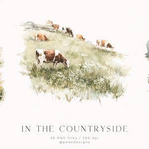 Könnte beinhalten: Aquarellillustration einer ländlichen Szene mit Kühen, die auf einem grasbewachsenen Hügel grasen. Das Kunstwerk zeigt eine sanfte Farbpalette aus Grün-, Braun- und Weißtönen mit dem Text "IN THE COUNTRYSIDE".
