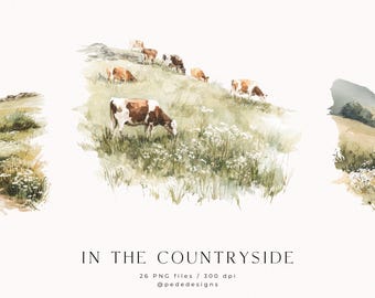Clipart aquarel platteland: zomerlandschap, pastoraal landschap (PNG-download)
