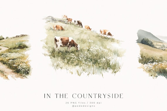 Watercolor Countryside Clipart: Summer Scenery, Pastoral Landscape (PNG Download)