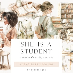 Collection She Is A Student, clipart aquarelle, clipart fille, tasse à café, bureau, bibliothèque png, amoureux des livres, graphismes confortables, livres, téléchargement
