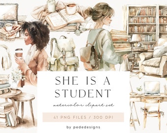 She Is A Student Collection, watercolor clipart, girl clipart, coffee cup, desk, bookcase png, book lover, cozy graphics, books, download