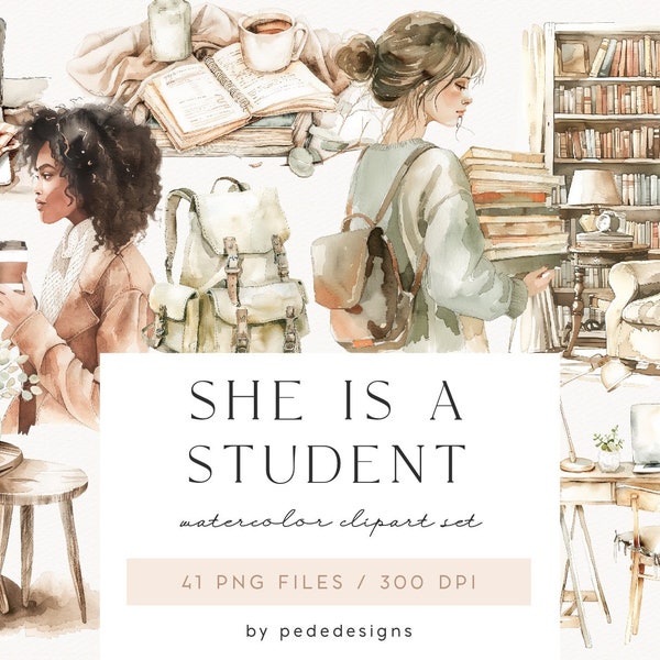 She Is A Student Collection, watercolor clipart, girl clipart, coffee cup, desk, bookcase png, book lover, cozy graphics, books, download