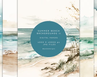 Watercolor summer beach backgrounds, beach digital paper, beach wedding, background for invitations, aesthetic, ocean waves, download