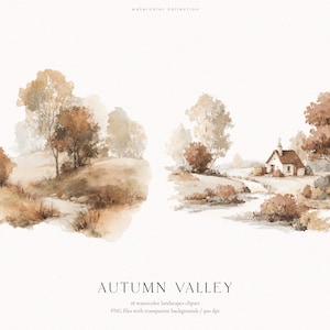 以下が含まれることがあります： AUTUMN VALLEYと題されたデジタル水彩画コレクション。茶色とベージュの色調で描かれた2つの風景イラストが含まれています。左の画像は丘の上の木々、右の画像は小川と木々のそばにある小さな家を描いています。