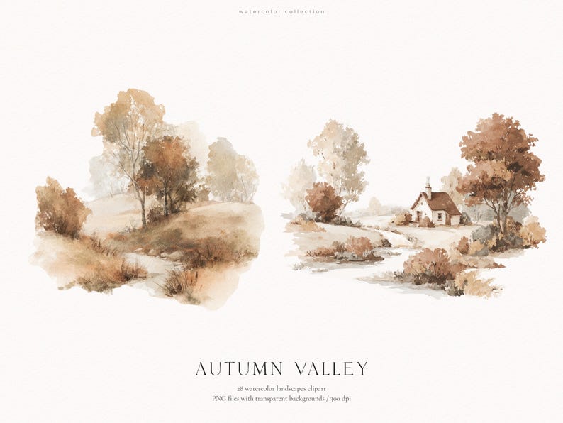以下が含まれることがあります： AUTUMN VALLEYと題されたデジタル水彩画コレクション。茶色とベージュの色調で描かれた2つの風景イラストが含まれています。左の画像は丘の上の木々、右の画像は小川と木々のそばにある小さな家を描いています。