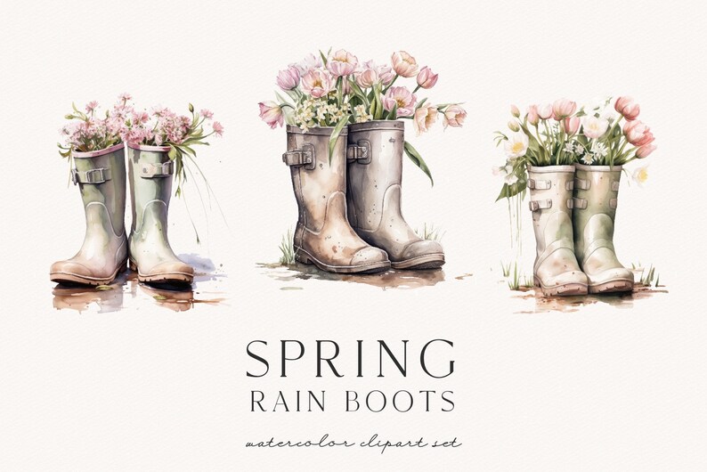May include: Three pairs of rain boots filled with spring flowers. The boots are a light brown color and the flowers are pink and white. The boots are sitting on a white background.  "SPRING RAIN BOOTS watercolor clipart set"