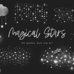 Zilveren magische sterren, ster png, glitter illustraties, mystieke maan, sprankelende textuur, sterrenstof, sprookjesachtige clipart, vallende ster, download
