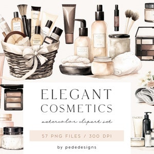 Clipart de cosmétiques élégants, clipart aquarelle de soins personnels, graphiques de journée de spa, bouteille de crème, ombres de maquillage, graphiques de beauté, téléchargement