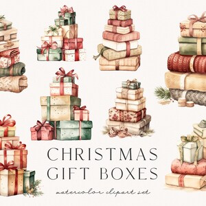 May include: A set of watercolor illustrations of Christmas gift boxes. The boxes are stacked in various arrangements and decorated with ribbons, bows, and other festive details. The illustrations are painted in a soft, muted color palette, giving them a vintage feel.