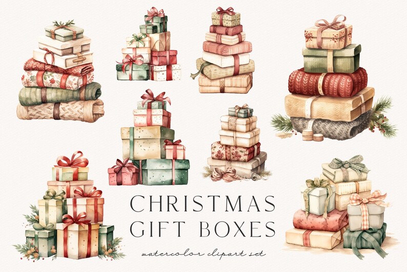 May include: A set of watercolor illustrations of Christmas gift boxes. The boxes are stacked in various arrangements and decorated with ribbons, bows, and other festive details. The illustrations are painted in a soft, muted color palette, giving them a vintage feel.