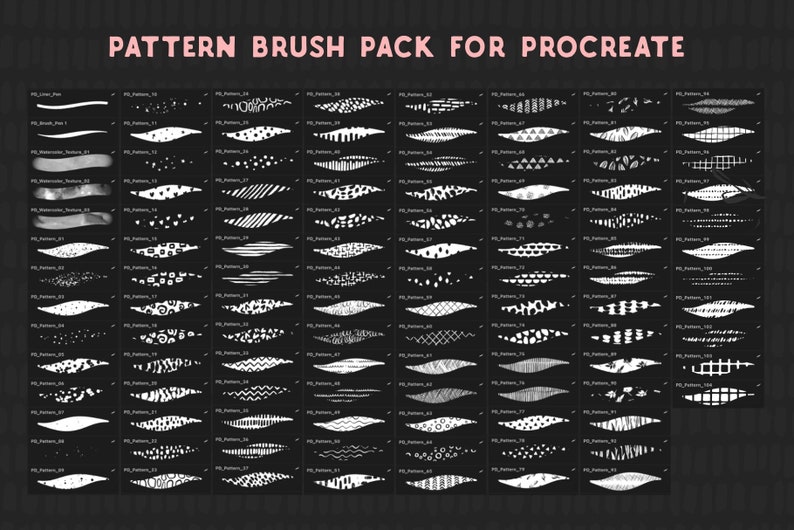 Może przedstawiać: Zestaw 75 czarno-białych wzor&oacute;w pędzli do Procreate. Pędzle są wyświetlane w formacie siatki z nazwą każdego pędzla pod spodem.