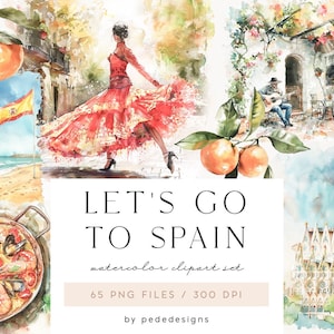 Laten we naar Spanje gaan, aquarel zomer clipart, reizen, sinaasappelen clipart, Barcelona, Spaans, vakantie, scrapbooking, esthetiek, download