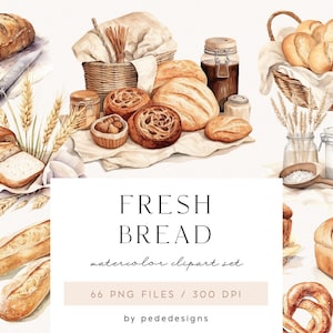 Pan fresco, horneado fresco, imágenes prediseñadas de pan, cesta de pan, pretzel, baguette francesa, álbum de recortes, diario basura, elementos del logotipo, descargar