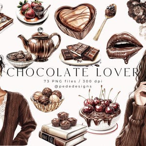 Conjunto de imágenes prediseñadas para amantes del chocolate, gráficos de acuarela de chocolate, imágenes prediseñadas de postres, álbum de recortes, diario basura, flores, png interior, descarga