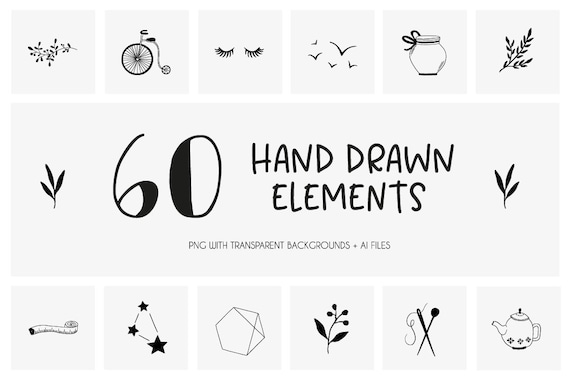 60 hand drawn elements, flowers clipart, hand drawn logo clipart, wreath, geometric, logo, wedding, vectors, download,